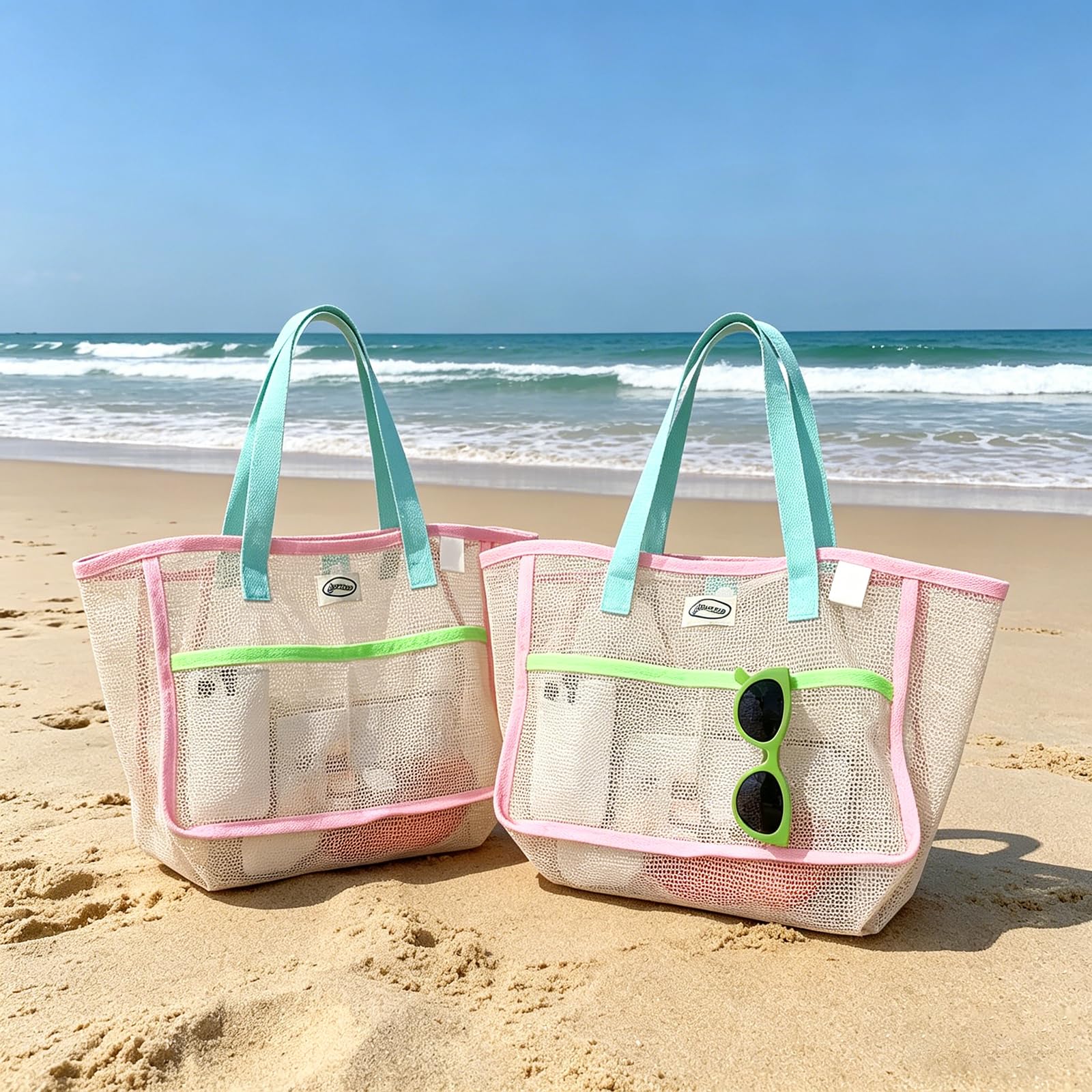 Travel Accessories And Bags - กระเป๋าชายหาดสำหรับผู้หญิง กระเป๋าตาข่ายพับได้หลากสี กระเป๋าใส่ทราย กระเป๋าเดินทาง กระเป๋าเก็บของสำหรับสระว่ายน้ำ สำหรับอุปกรณ์ชายหาด
